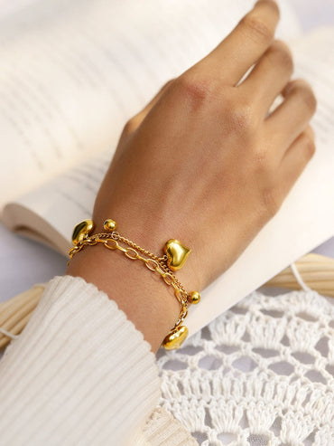 Rubans 18K Gold Plated Stainless Steel TarnishFree Waterproof Heart & Beads Charm Bracelet Wristwear