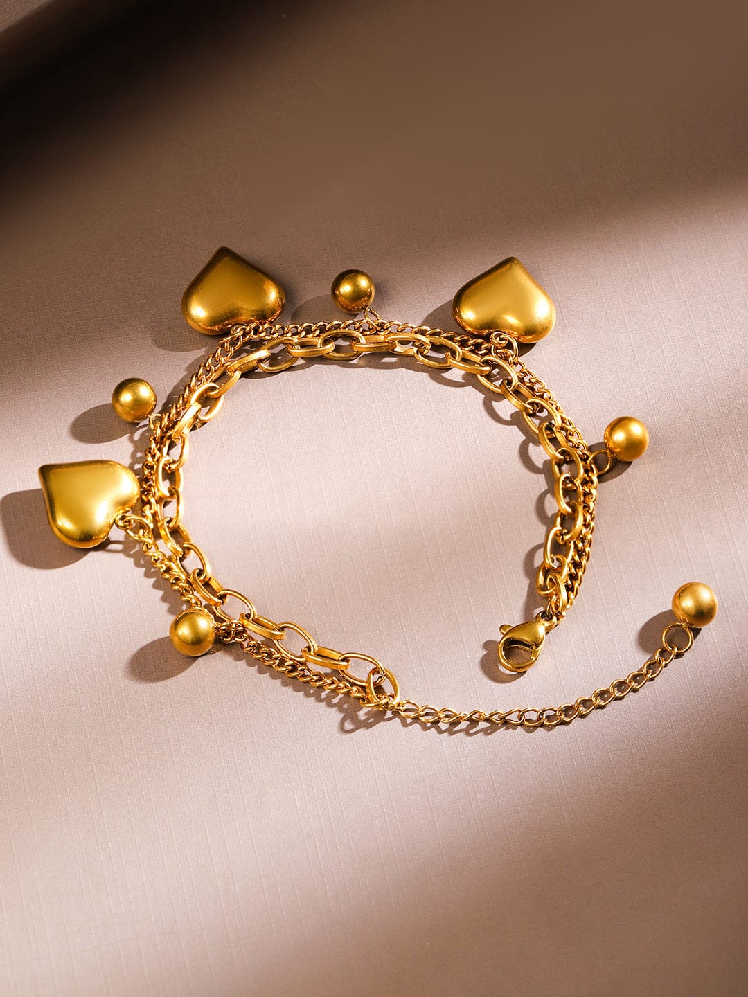 Rubans 18K Gold Plated Stainless Steel TarnishFree Waterproof Heart & Beads Charm Bracelet Wristwear