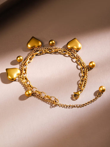Rubans 18K Gold Plated Stainless Steel TarnishFree Waterproof Heart & Beads Charm Bracelet Wristwear
