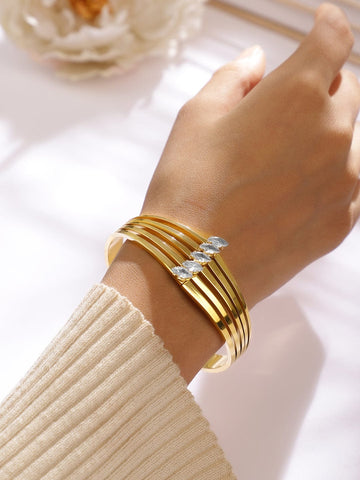 Rubans 18K Gold-Plated Stainless Steel TarnishFree Waterproof Zirconia MultiLayer Bracelet Bangles & Bracelet
