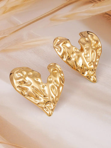 Rubans 18K Gold Plated StainlessSteel Tarnish-Free Waterproof Textured Heart Stud Earrings Earrings