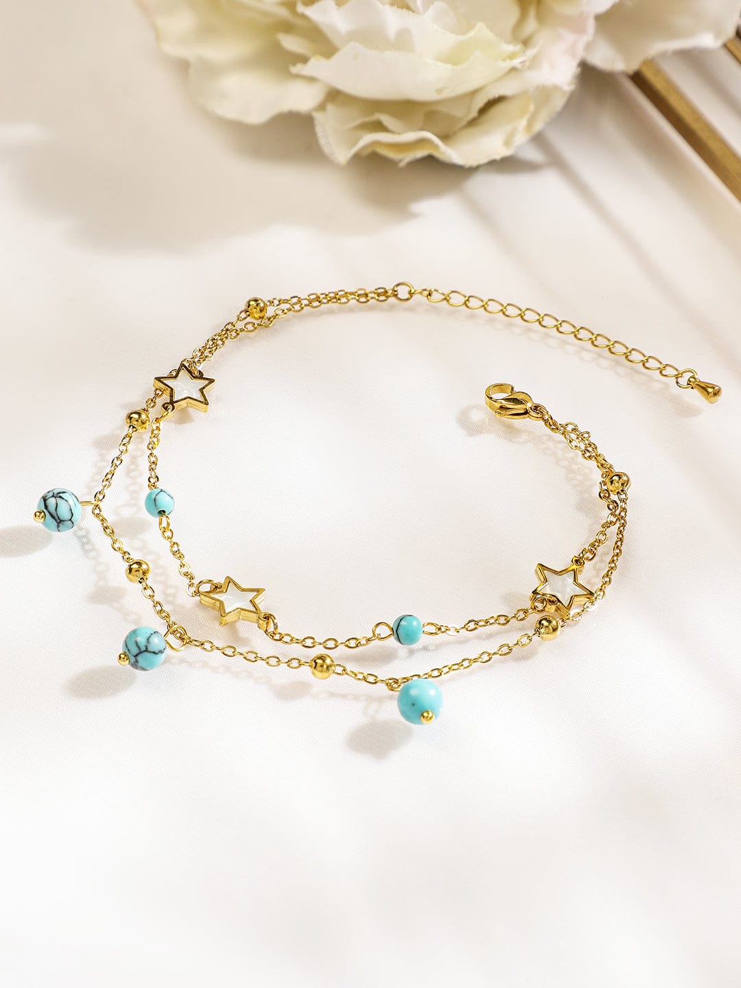 Rubans 18K Gold-Plated StainlessSteel TarnishFree Waterproof Turquoise Beads & Star Anklet Anklets