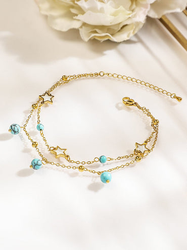 Rubans 18K Gold-Plated StainlessSteel TarnishFree Waterproof Turquoise Beads & Star Anklet Anklets