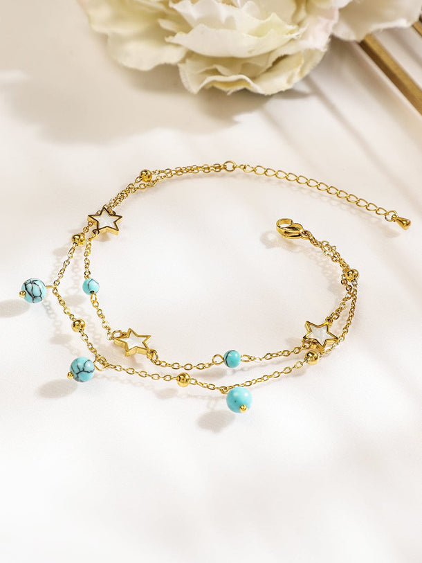 Rubans 18K Gold-Plated StainlessSteel TarnishFree Waterproof Turquoise Beads & Star Anklet Anklets