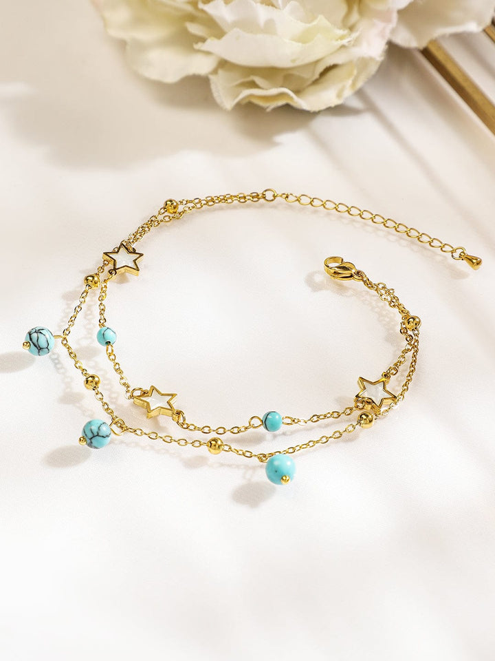 Rubans 18K Gold-Plated StainlessSteel TarnishFree Waterproof Turquoise Beads & Star Anklet Anklets