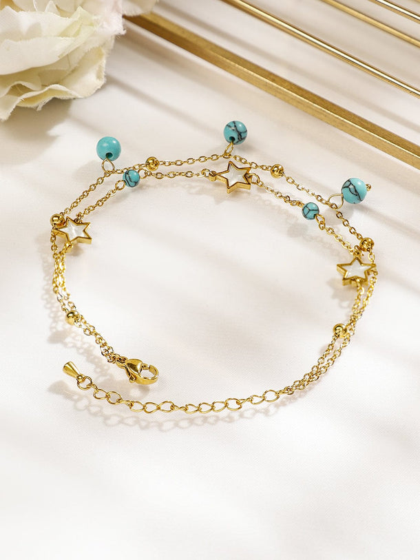 Rubans 18K Gold-Plated StainlessSteel TarnishFree Waterproof Turquoise Beads & Star Anklet Anklets