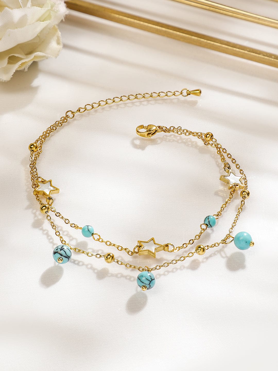 Rubans 18K Gold-Plated StainlessSteel TarnishFree Waterproof Turquoise Beads & Star Anklet Anklets