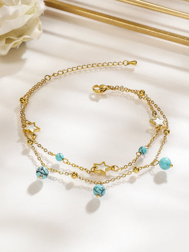 Rubans 18K Gold-Plated StainlessSteel TarnishFree Waterproof Turquoise Beads & Star Anklet Anklets