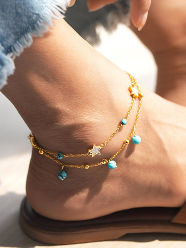 Rubans 18K Gold-Plated StainlessSteel TarnishFree Waterproof Turquoise Beads & Star Anklet Anklets
