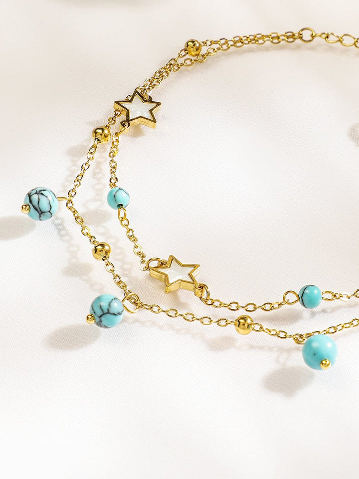 Rubans 18K Gold-Plated StainlessSteel TarnishFree Waterproof Turquoise Beads & Star Anklet Anklets