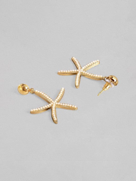 Rubans 18K Gold Plated Starfish Shaped Drop Earrings with Pearl Beading Detailing Drop Earrings