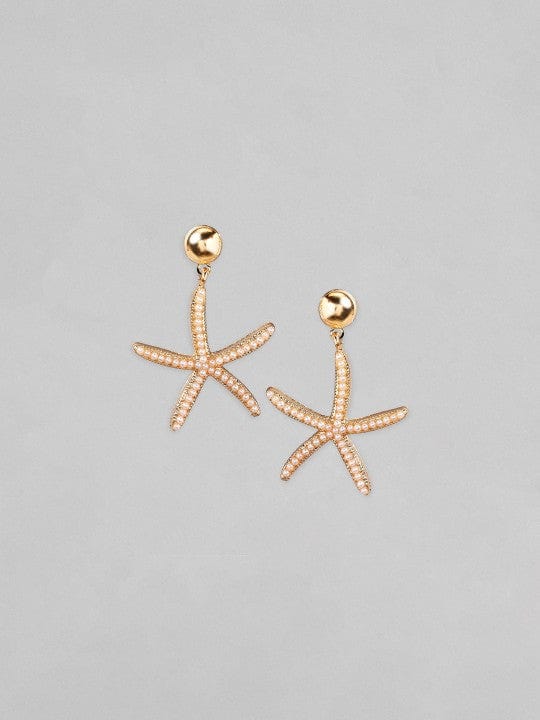 Rubans 18K Gold Plated Starfish Shaped Drop Earrings with Pearl Beading Detailing Drop Earrings