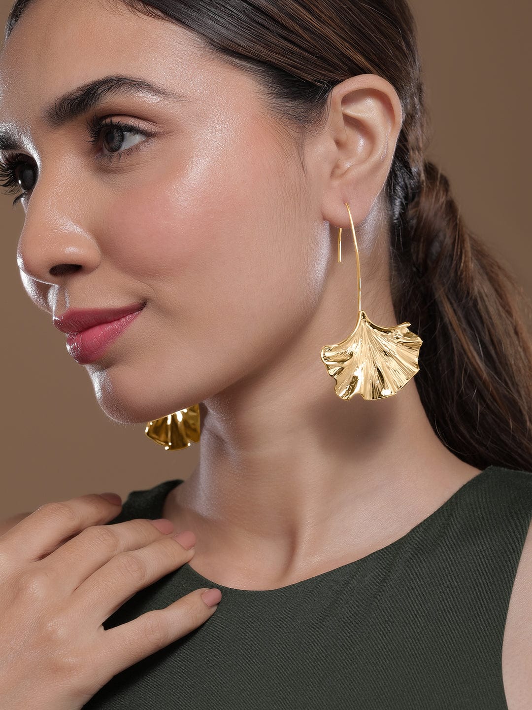 Rubans 18K Gold-Plated Statement Leaf Design Drop Earrings Drop