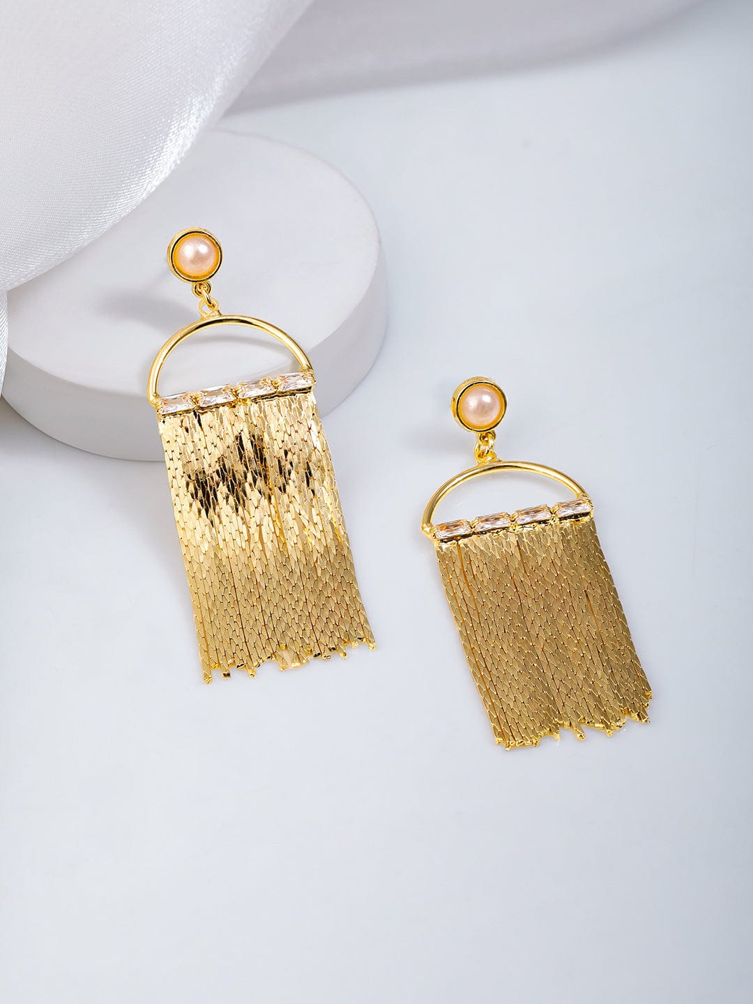 Rubans 18K Gold Plated Statement Mesh Tassel Dangle Earring with Pearl & Crystal Detailing Drop Earrings