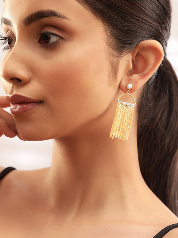 Rubans 18K Gold Plated Statement Mesh Tassel Dangle Earring with Pearl & Crystal Detailing Earrings