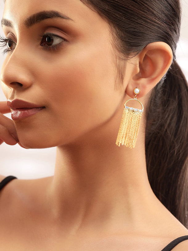 Rubans 18K Gold Plated Statement Mesh Tassel Dangle Earring with Pearl & Crystal Detailing Earrings