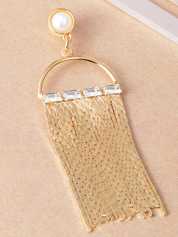 Rubans 18K Gold Plated Statement Mesh Tassel Dangle Earring with Pearl & Crystal Detailing Earrings