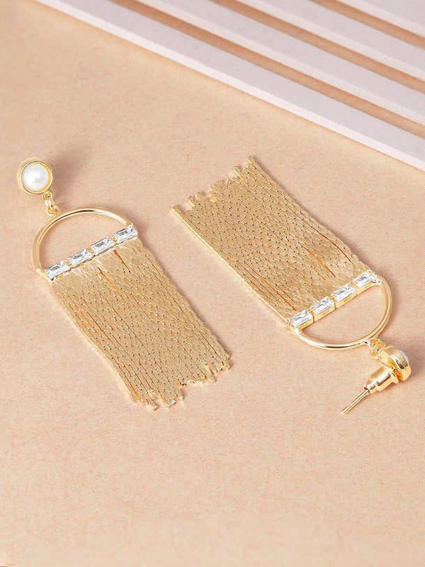 Rubans 18K Gold Plated Statement Mesh Tassel Dangle Earring with Pearl & Crystal Detailing Earrings