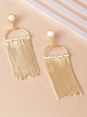 Rubans 18K Gold Plated Statement Mesh Tassel Dangle Earring with Pearl & Crystal Detailing Earrings