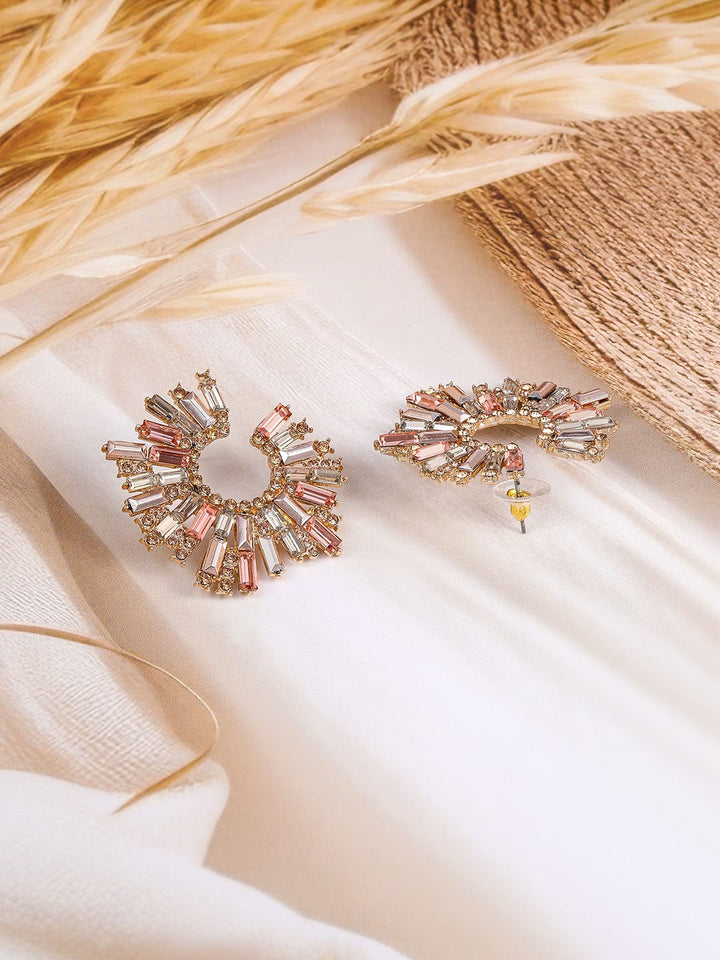 Rubans 18K Gold-Plated Stone Studded Radiant Fan-Shaped Statement Classic Studs Earrings