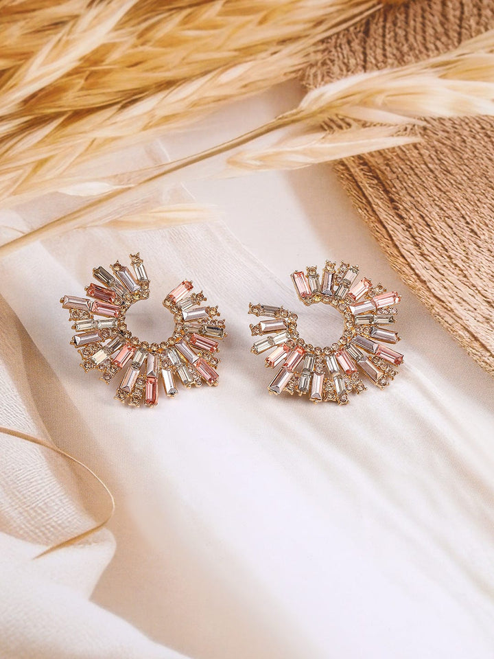 Rubans 18K Gold-Plated Stone Studded Radiant Fan-Shaped Statement Classic Studs Earrings