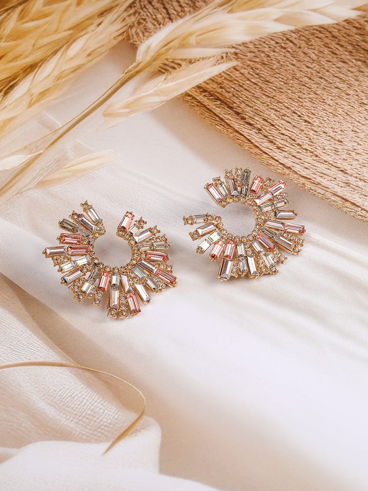 Rubans 18K Gold-Plated Stone Studded Radiant Fan-Shaped Statement Classic Studs Earrings