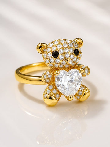 Rubans 18K Gold-Plated Teddy Bear Heart Cubic Zirconia Studded Adjustable Statement Ring Finger Rings