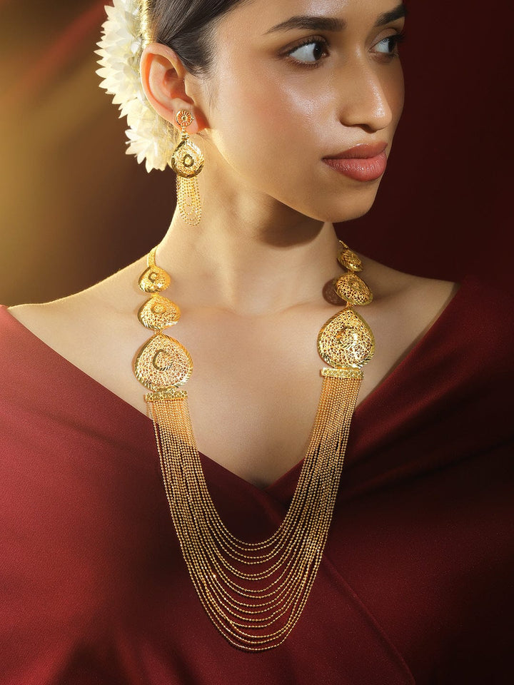 Rubans 18K Gold-Plated Textured Disc & Multi-Layer Beaded Statement Necklace Set for Women Jewellery Set