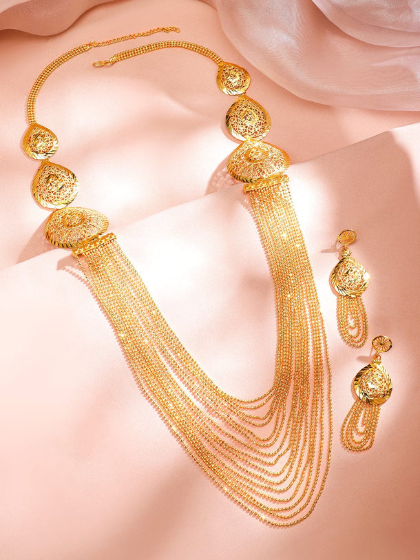 Rubans 18K Gold-Plated Textured Disc & Multi-Layer Beaded Statement Necklace Set for Women Jewellery Set