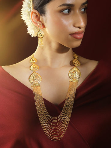 Rubans 18K Gold-Plated Textured Disc & Multi-Layer Beaded Statement Necklace Set for Women Necklace Set