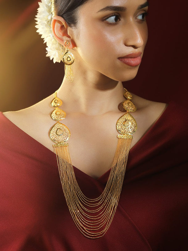 Rubans 18K Gold-Plated Textured Disc & Multi-Layer Beaded Statement Necklace Set for Women Necklace Set