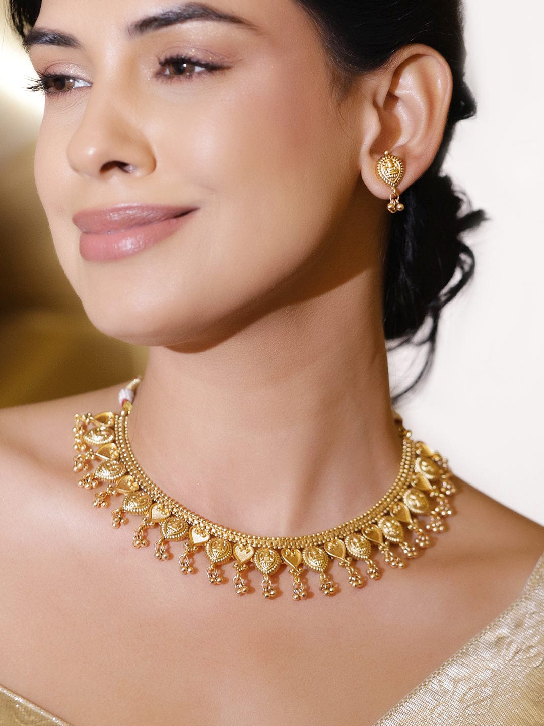 Rubans 18K Gold-Plated Traditional Brass Necklace Set with Golden Bead Detailing Jewellery Set