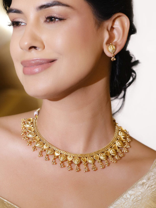 Rubans 18K Gold-Plated Traditional Brass Necklace Set with Golden Bead Detailing Jewellery Set