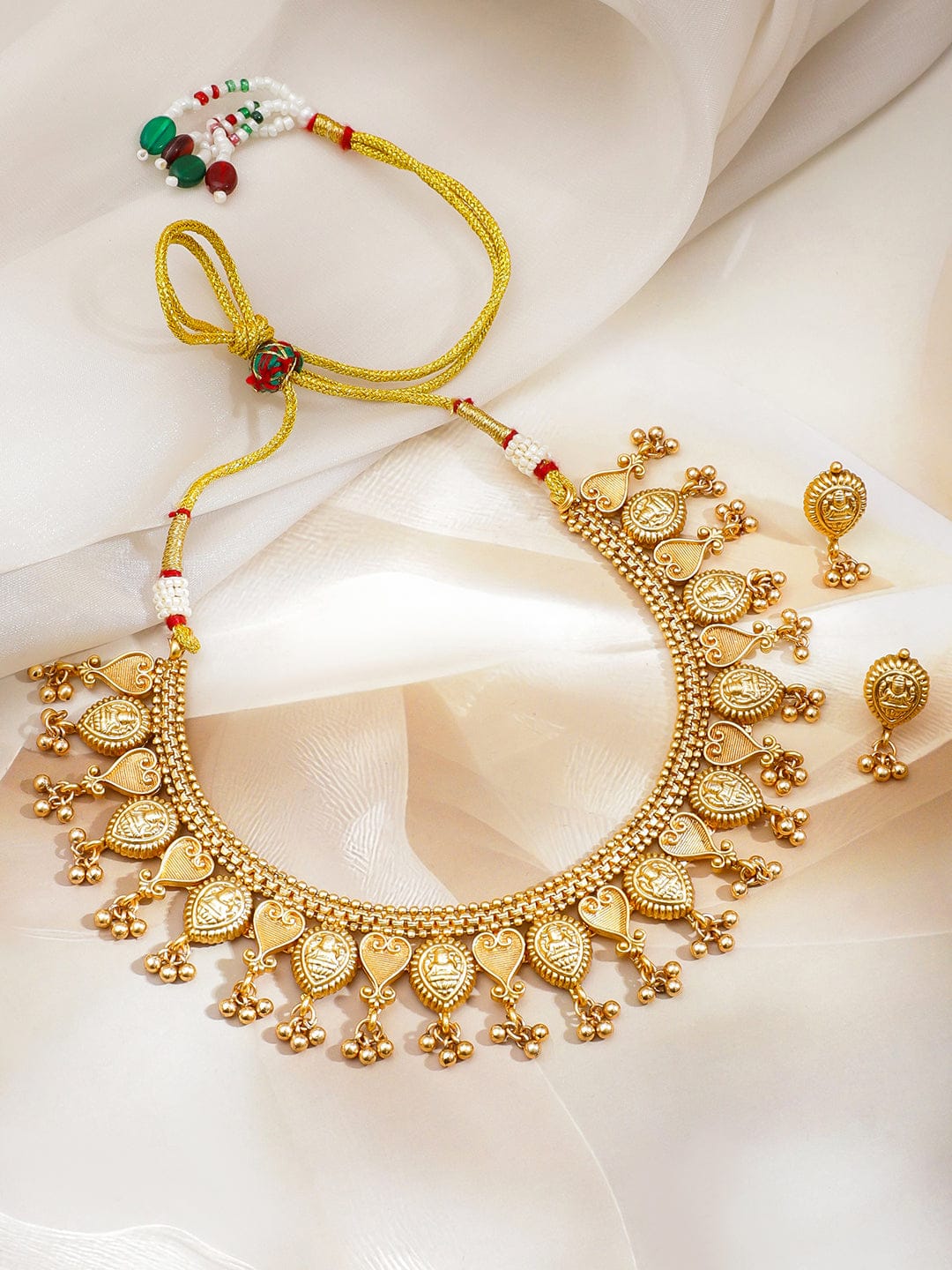Rubans 18K Gold-Plated Traditional Brass Necklace Set with Golden Bead Detailing Jewellery Set