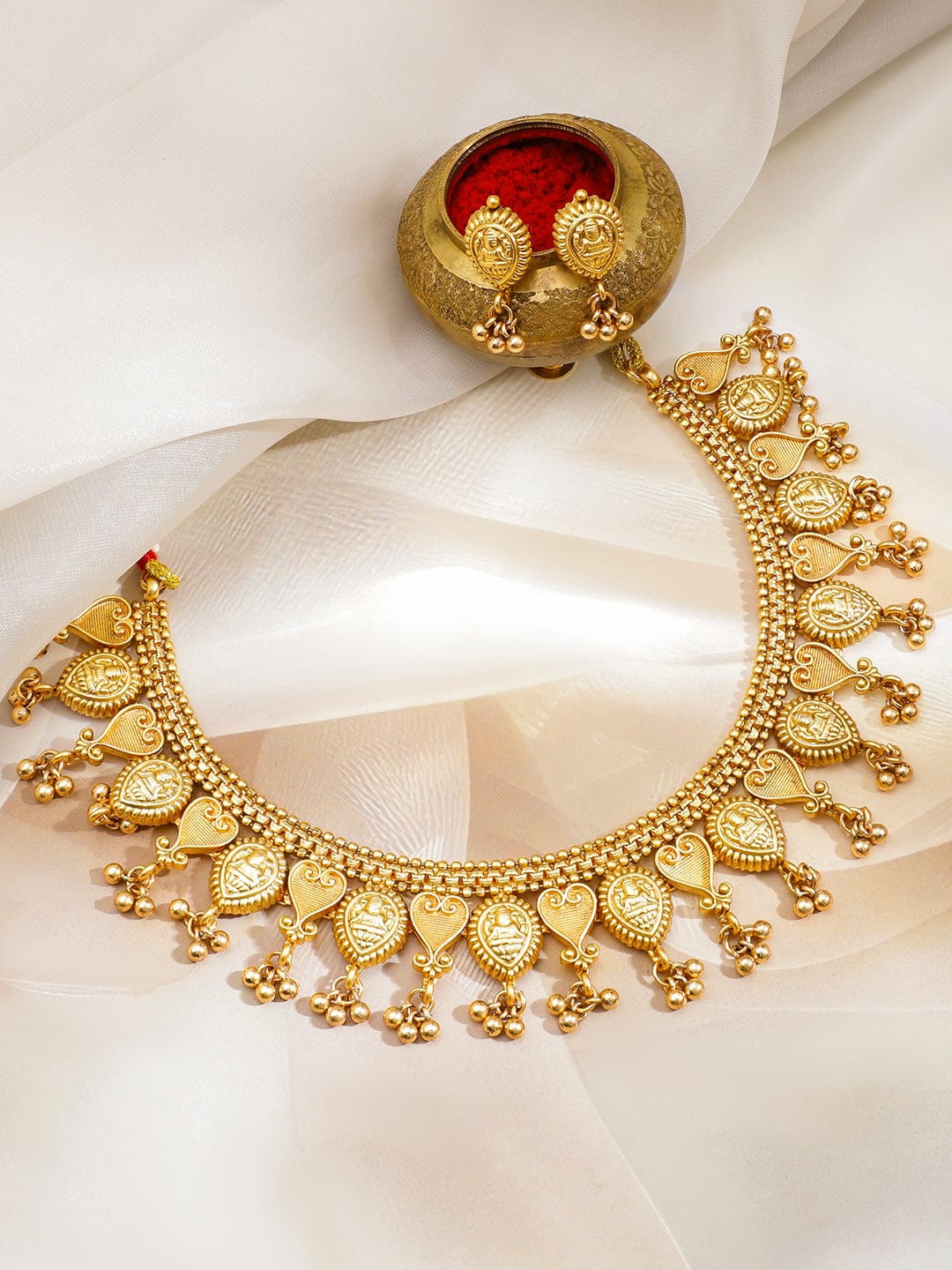 Rubans 18K Gold-Plated Traditional Brass Necklace Set with Golden Bead Detailing Necklace Set