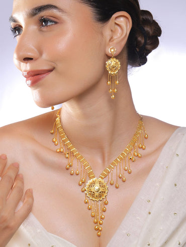 Rubans 18K Gold-Plated Traditional Necklace Set with Multilayer Gold Beads & Filigree Floral Design for Women Jewellery Set