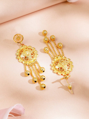 Rubans 18K Gold-Plated Traditional Necklace Set with Multilayer Gold Beads & Filigree Floral Design for Women Jewellery Set