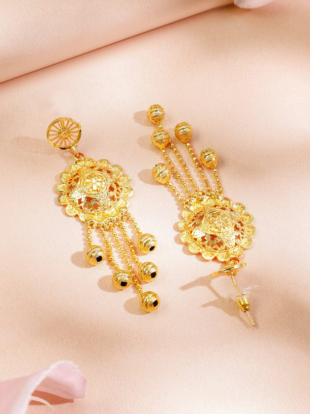 Rubans 18K Gold-Plated Traditional Necklace Set with Multilayer Gold Beads & Filigree Floral Design for Women Jewellery Set