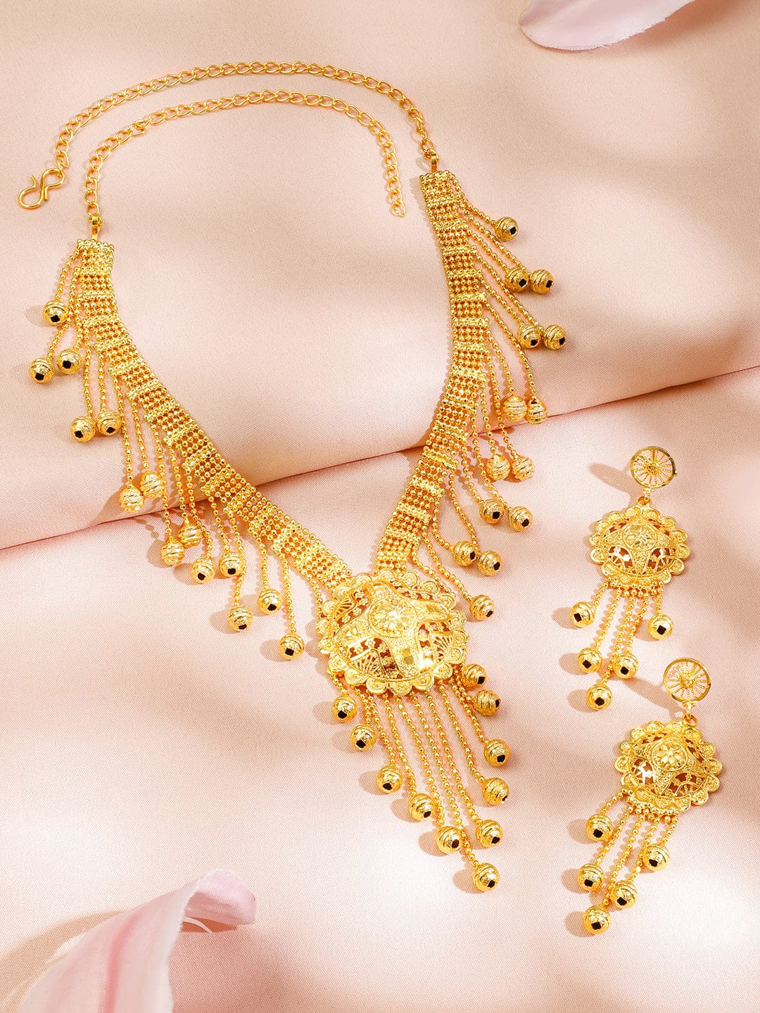 Rubans 18K Gold-Plated Traditional Necklace Set with Multilayer Gold Beads & Filigree Floral Design for Women Jewellery Set