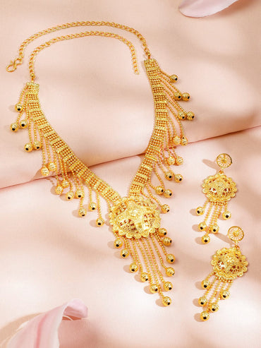 Rubans 18K Gold-Plated Traditional Necklace Set with Multilayer Gold Beads & Filigree Floral Design for Women Jewellery Set