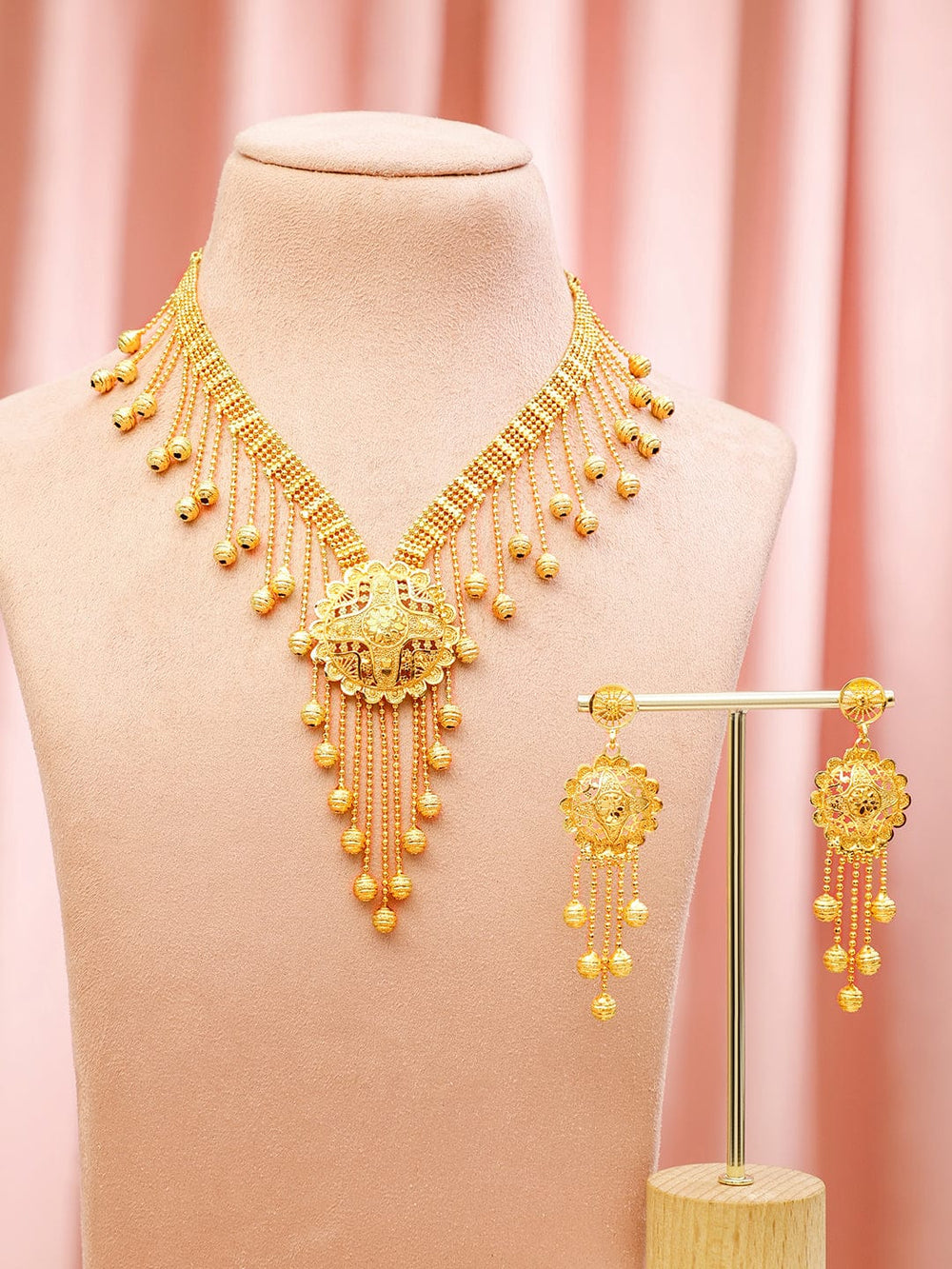 Rubans 18K Gold-Plated Traditional Necklace Set with Multilayer Gold Beads & Filigree Floral Design for Women Jewellery Set