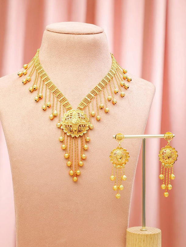 Rubans 18K Gold-Plated Traditional Necklace Set with Multilayer Gold Beads & Filigree Floral Design for Women Jewellery Set