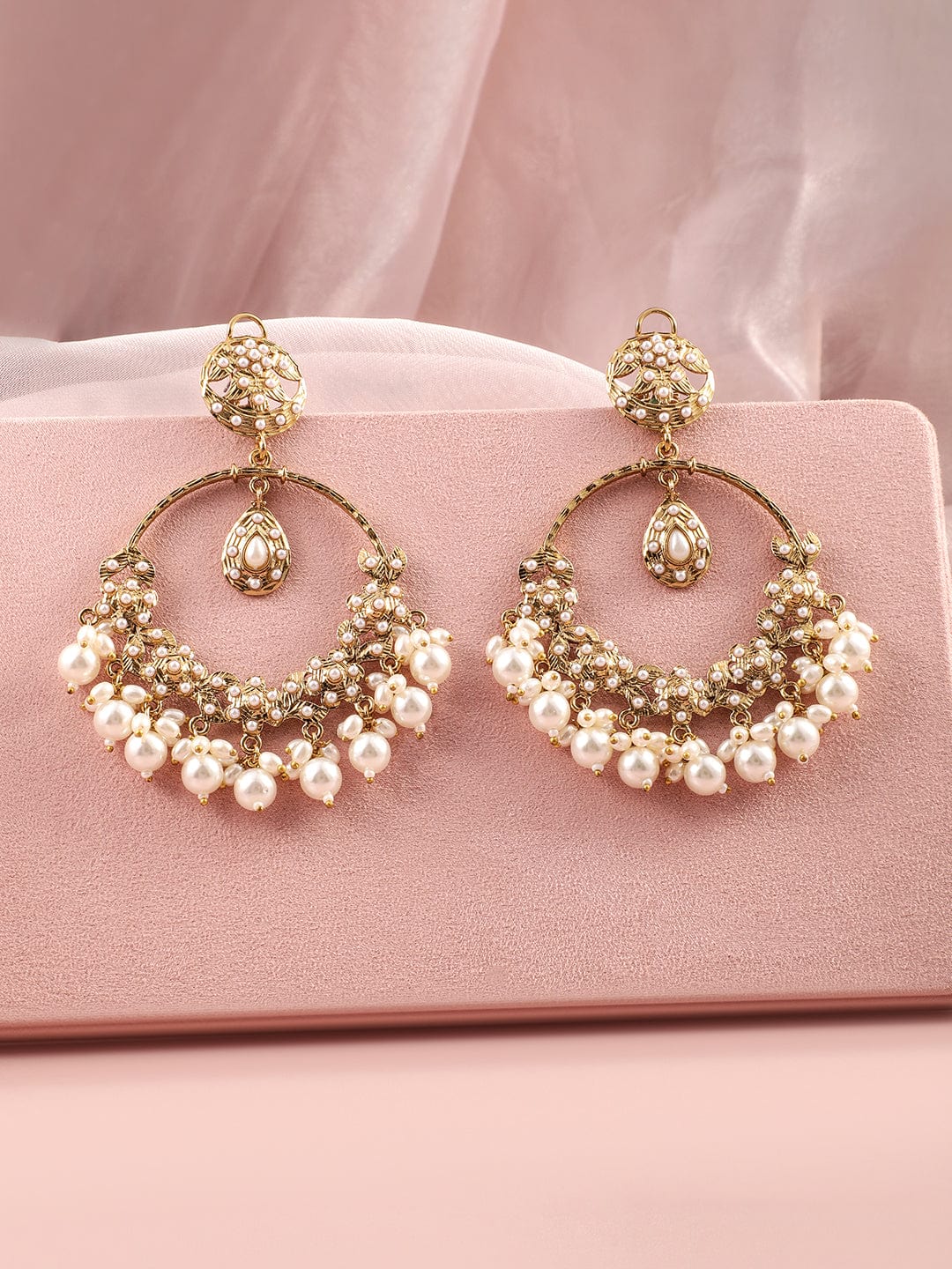 Rubans 18K Gold-Plated Traditional Pearl Studded & Beaded Long Chandbali Earrings Earrings