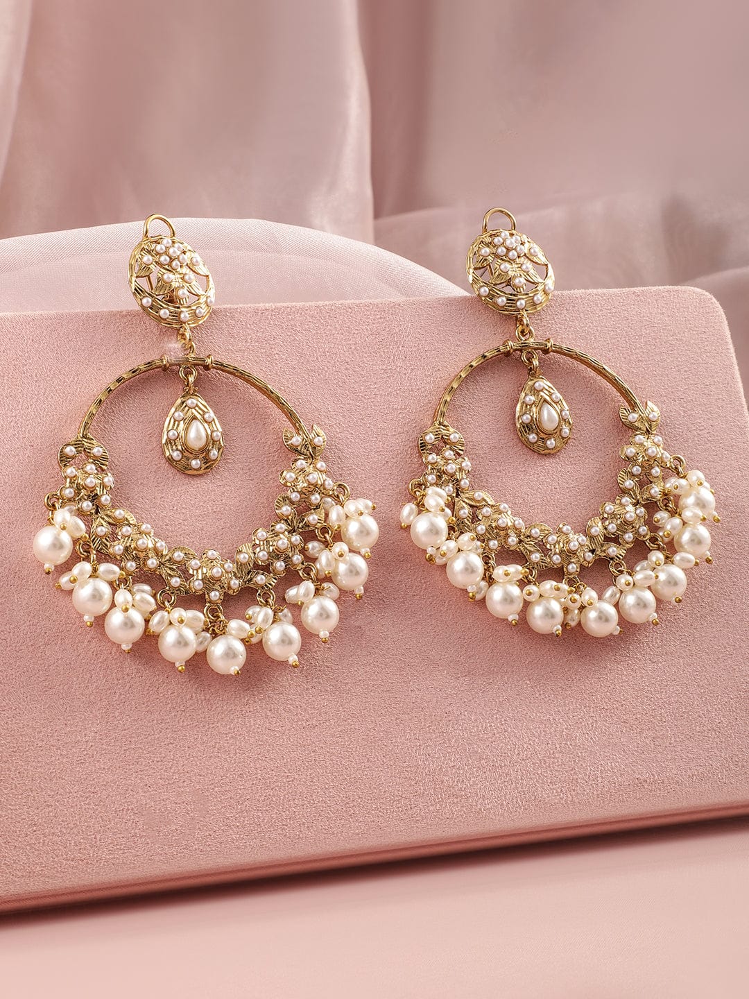 Rubans 18K Gold-Plated Traditional Pearl Studded & Beaded Long Chandbali Earrings Earrings