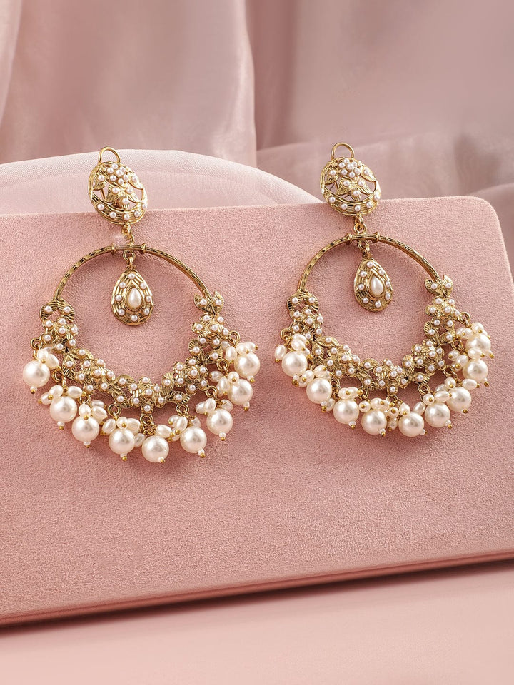 Rubans 18K Gold-Plated Traditional Pearl Studded & Beaded Long Chandbali Earrings Earrings