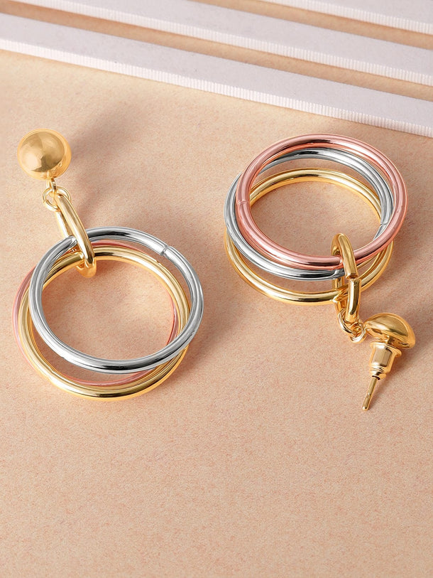 Rubans 18K Gold Plated Triple-Tone Hoop Earrings in Gold, Silver & Copper Circular Design Earrings