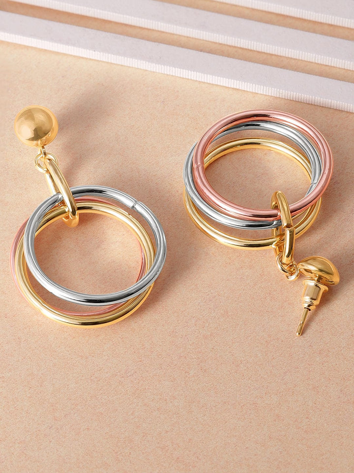 Rubans 18K Gold Plated Triple-Tone Hoop Earrings in Gold, Silver & Copper Circular Design Earrings