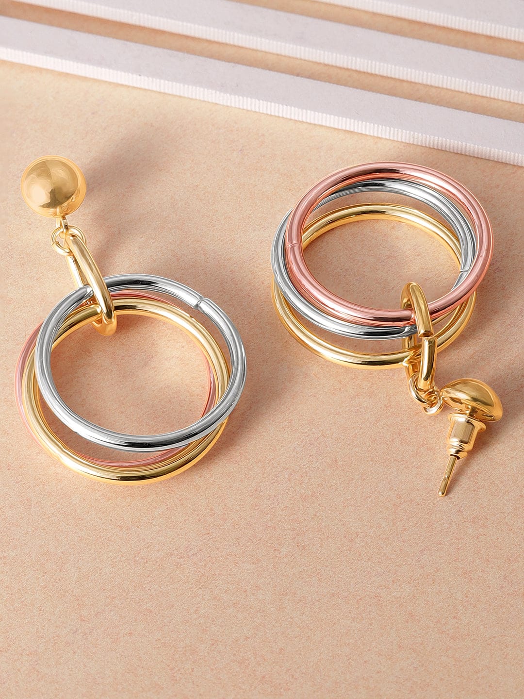 Rubans 18K Gold Plated Triple-Tone Hoop Earrings in Gold, Silver & Copper Circular Design Earrings