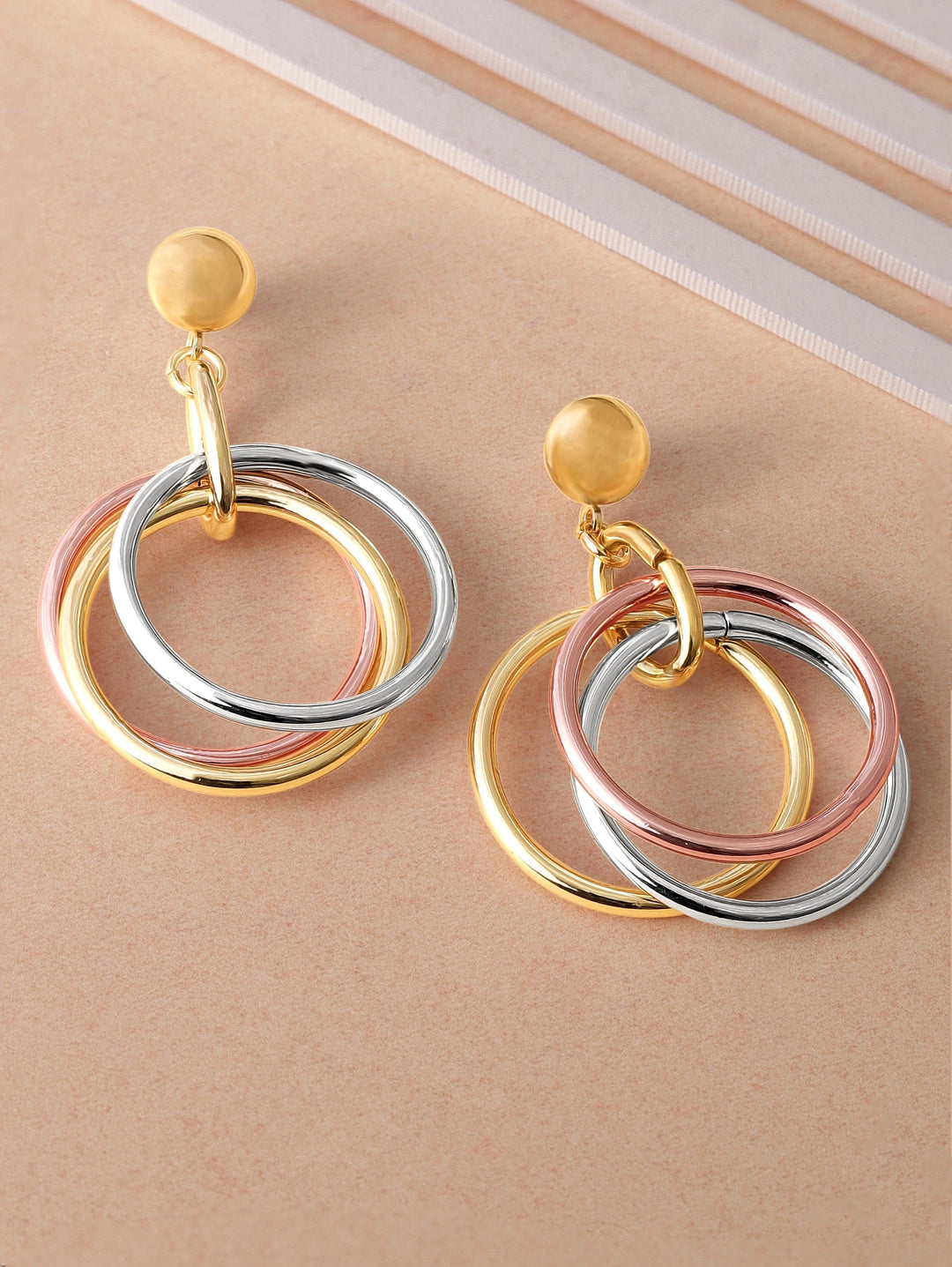 Rubans 18K Gold Plated Triple-Tone Hoop Earrings in Gold, Silver & Copper Circular Design Earrings