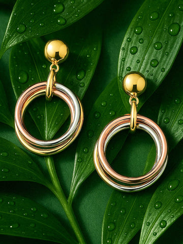 Rubans 18K Gold Plated Triple-Tone Hoop Earrings in Gold, Silver & Copper Circular Design Hoop Earrings